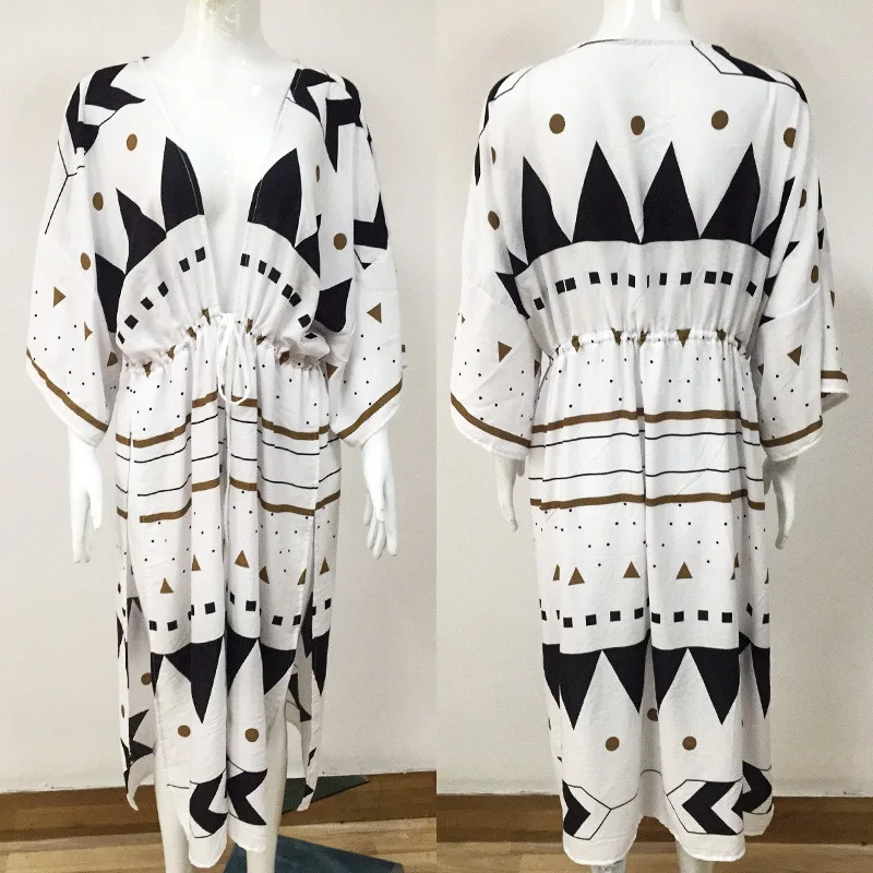 

FORERUN Long Kimono Boho Floral Beach Cardigan Cotton V Neck Batween Sleeve Print Bohemian Boho Shirts