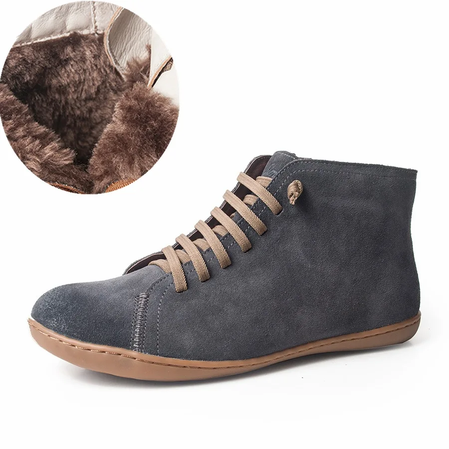 Dark gray suede fur Женские зимние ботинки; весенние ботильоны из натуральной кожи на плоской подошве; женские короткие коричневые ботинки с мехом; коллекция года; женские ботинки на шнуровке - Цвет: Dark gray suede fur