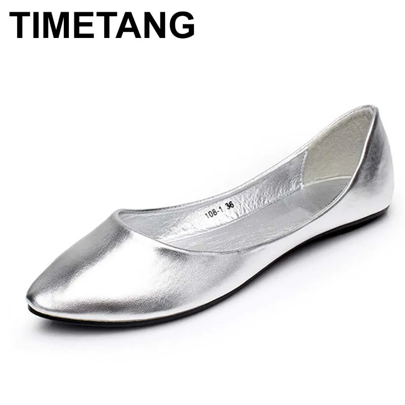 

TIMETANG Big size 40.43 classic women simple metal color pu flat shoes lady shallow mouth casual shoes C154