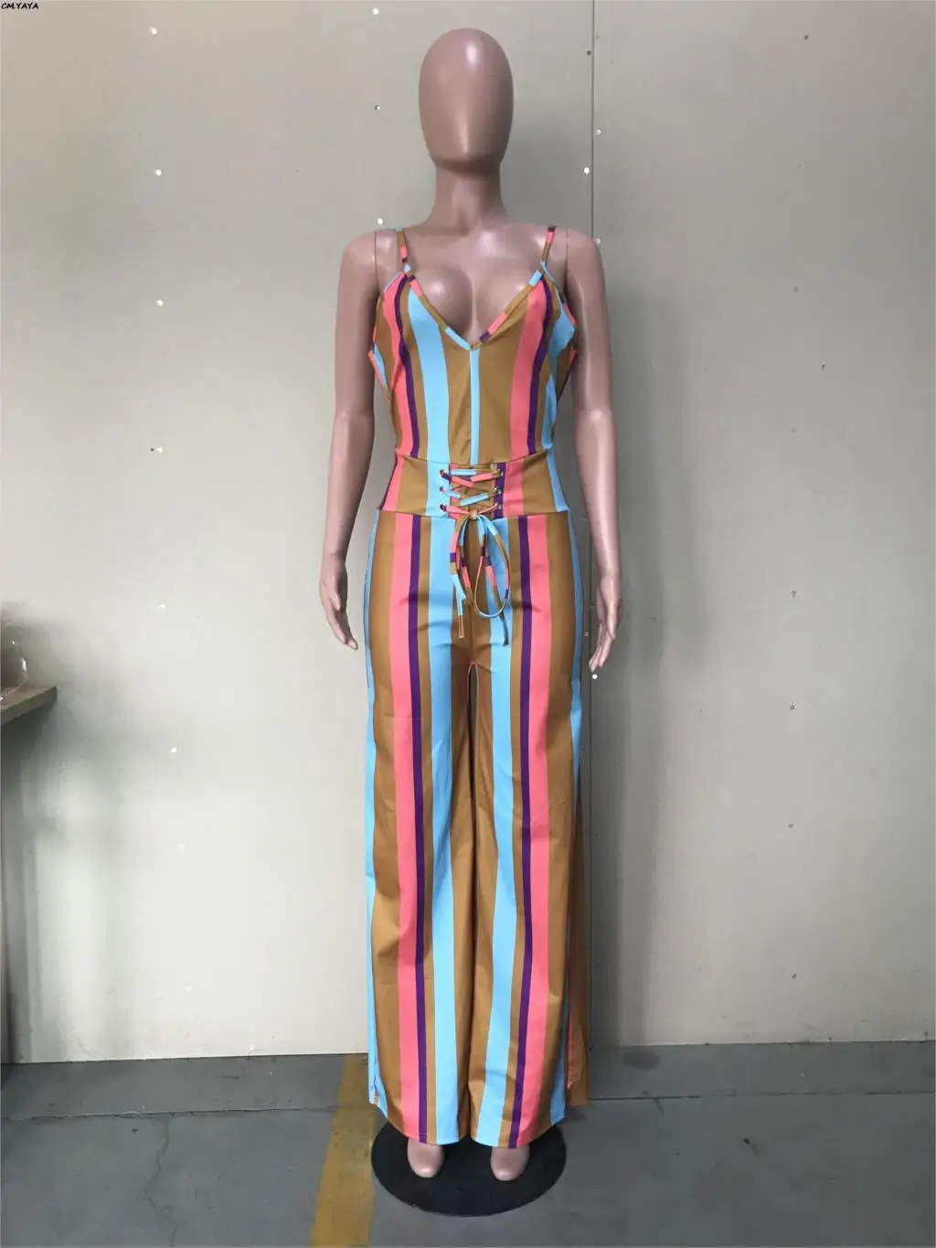 Женский пляжный комбинезон в полоску на шнуровке без рукавов с широкими