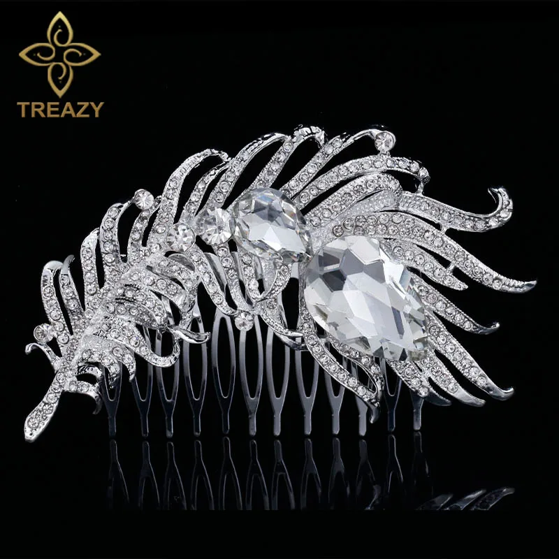 TREAZY винтажная свадебная тиара с перьями павлина Посеребренная кристальная