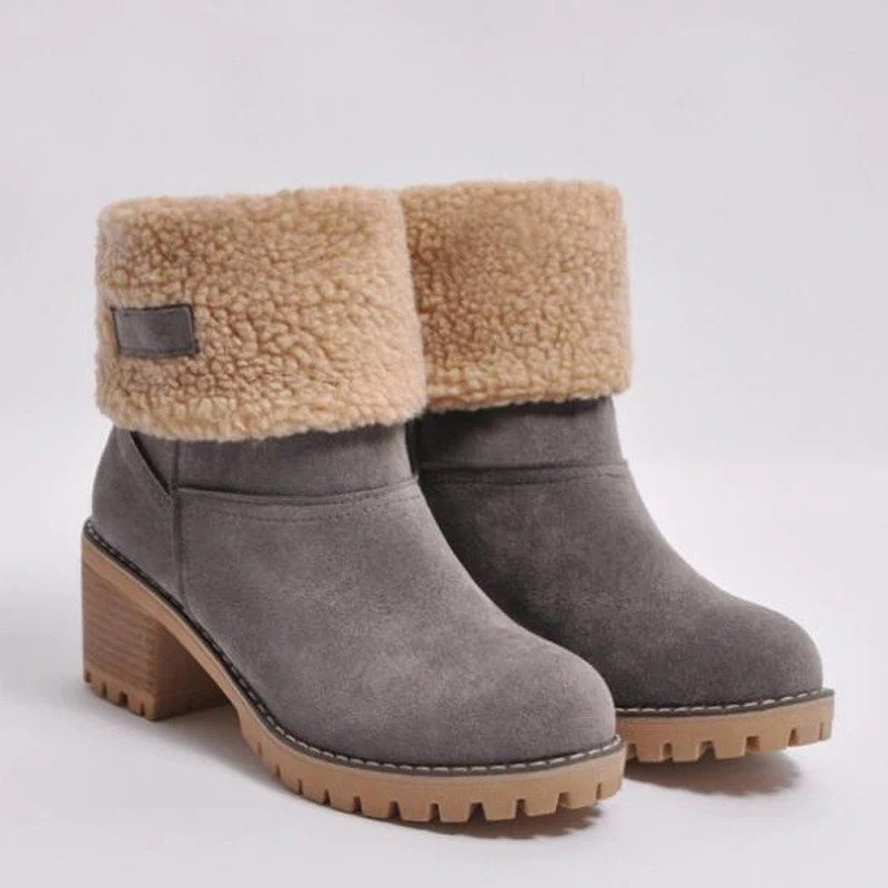 Women ankle boots 2020 Winter Shoes Woman Snow Boots with fur Square Heels flock platform big size 35-43 | Обувь