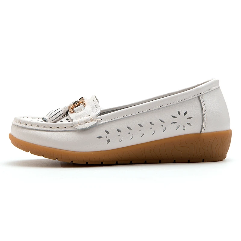 AURONET Soft Leather Hollow Women Ballet Flats Shoes Slip On Loafers Women'S Moccasins Boat Shoes Large Size Spor Ayakkabi Bayan