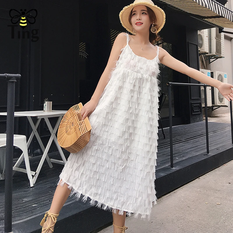 Tingfly Новые Перья и кисточки спагетти ремень платье для женщин свободные пляжные