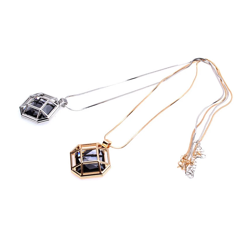 F & U восьмиугольная клетка Стразы внутри модная подвеска длинная цепочка