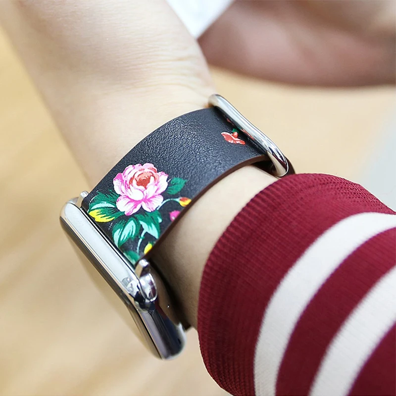 Ремешок кожаный в британском стиле для Apple Watch браслет с цветами iWatch винтажный