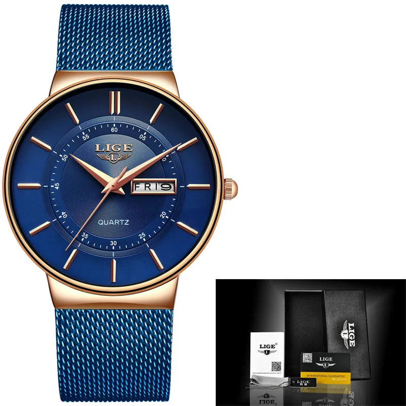 Rose gold blue Новые синие кварцевые часы LIGE мужские s часы лучший бренд Роскошные часы для мужчин простые все стальные водонепроницаемые наручные часы Reloj Hombre - Цвет: Rose gold blue