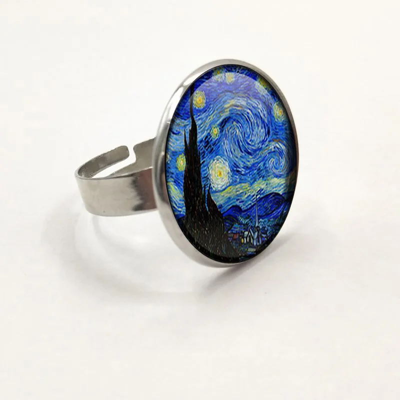 New Glass Dome Rings The Starry Night by Vincent Van Gogh 1889 Handmade Keepsake Ring Art Painting Adjustable | Украшения и
