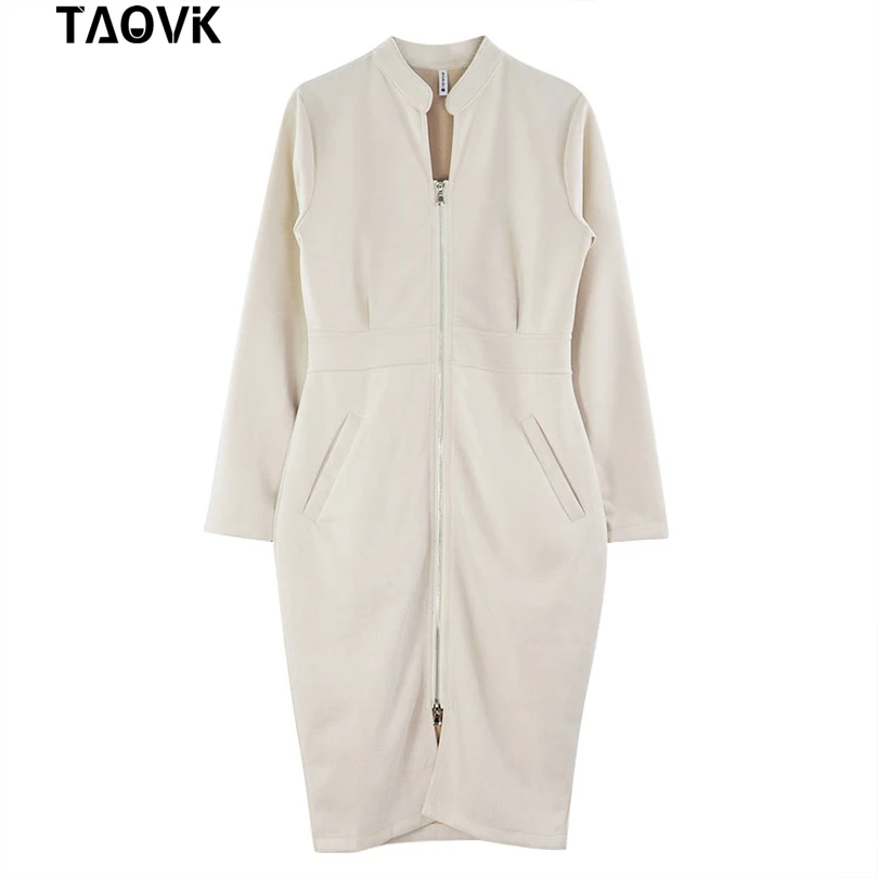 Beige TAOVK High Street Suede Платье женское с длинным рукавом Bodycon платье с молнией винтажный воротник-стойка офисные женские платья - Цвет: Beige