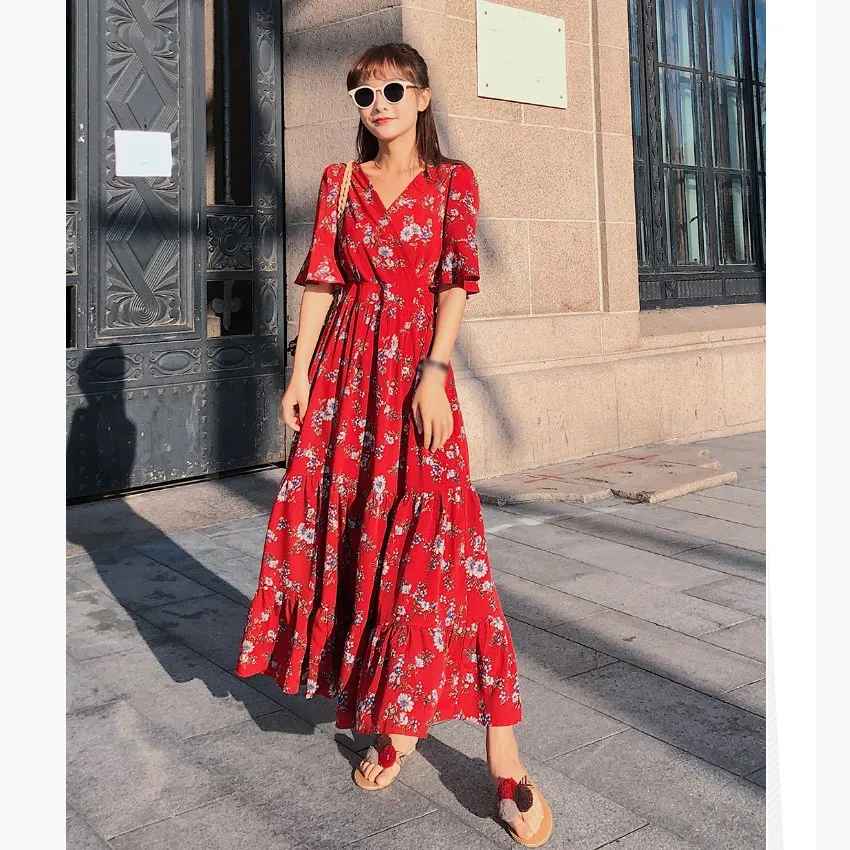 Женское длинное платье с цветочным принтом красное повседневное плиссированное