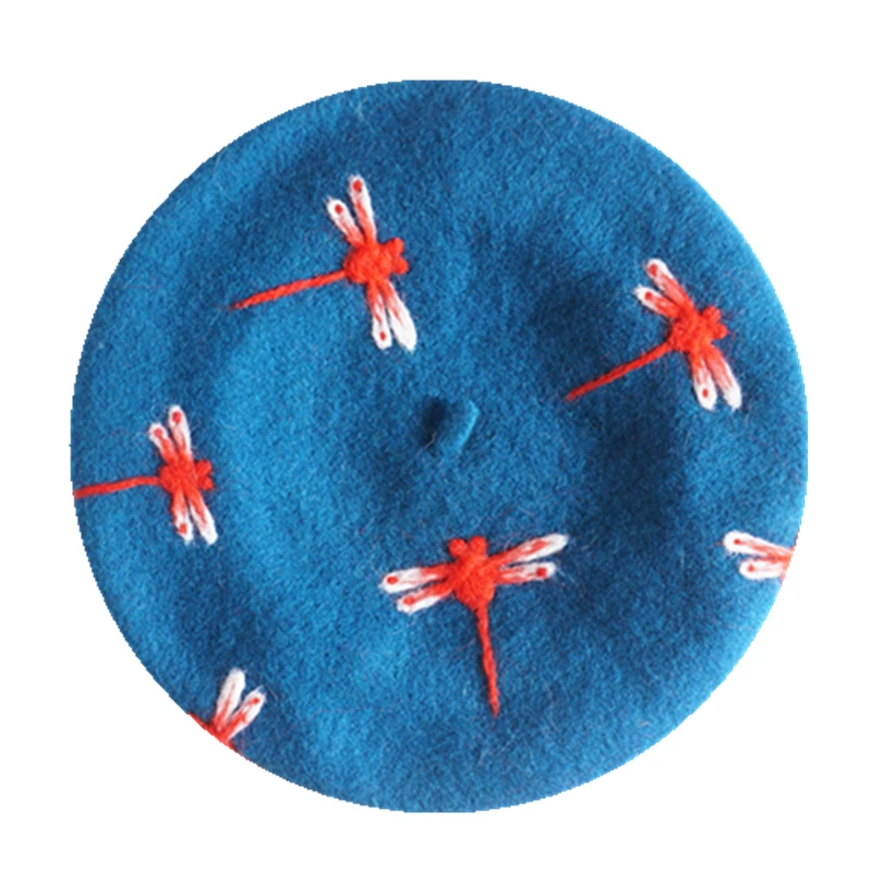Faramita Holiday Brand Design Hand-made Winter Women Girls Berets Wool Felt Manual Dragonfly Cute Beret Hats Blue Caps Round | Аксессуары