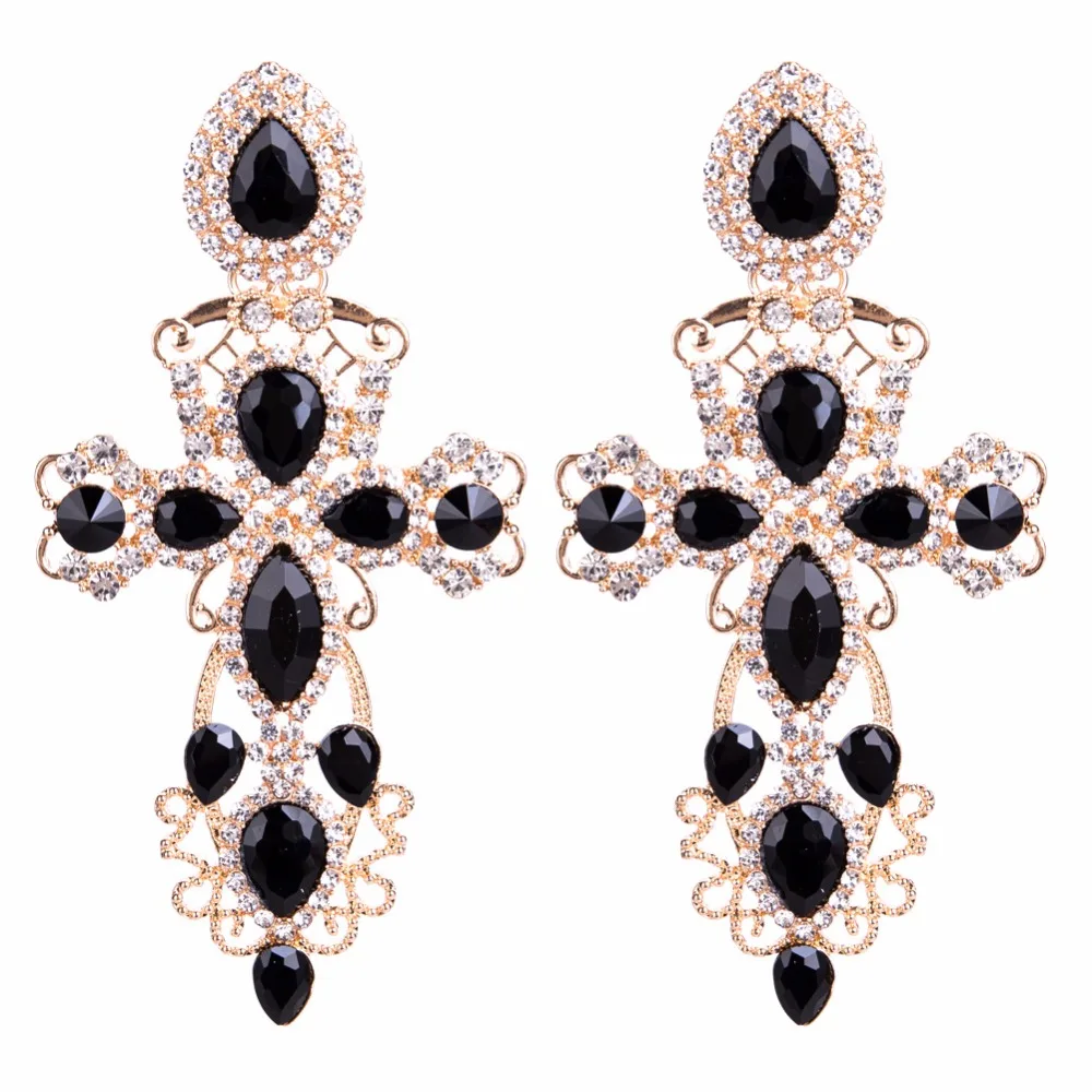 Luxury Gorgeous Blue Crystal Stone Cross Pendant Earrings for Women Baroque Fashion Drops Dangle Big Earring Jewelry Украшения и