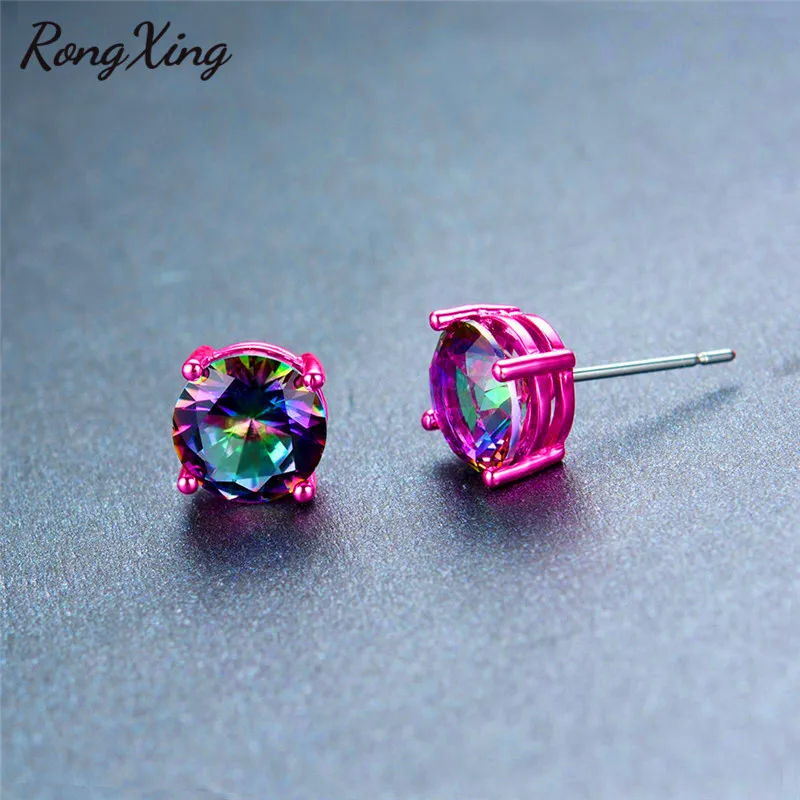 RongXing Романтические Розовые Золотые заполненные серьги-гвоздики Mystic Rainbow женская