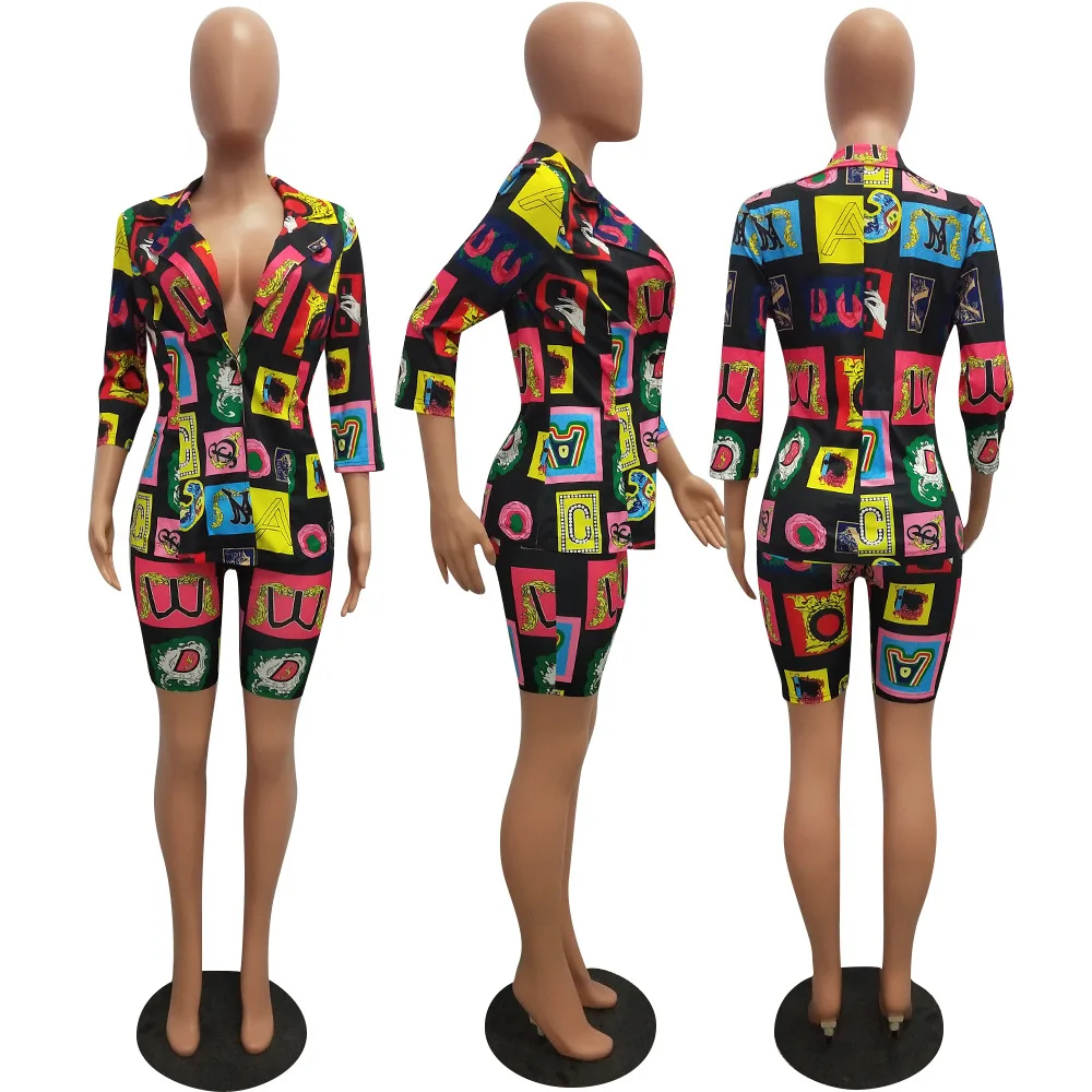 

PinePear Fashion Colourful Letter Print 3/4 Sleeve Coat Shorts Set Women Two Piece Outfits Casual Business Suit Drop Shipping