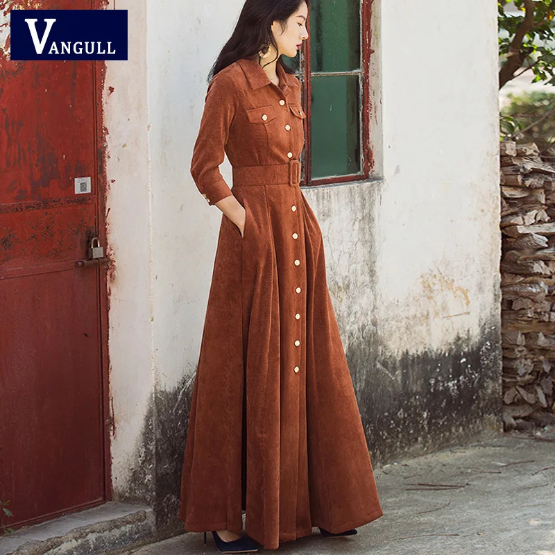 Женское платье с отложным воротником VANGULL повседневное винтажное вельветовое