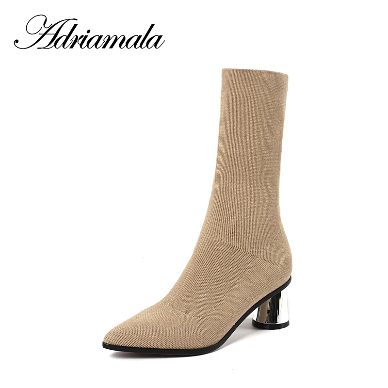 2018 г. флоковые женские сапоги на высоком каблуке до середины икры без застежки