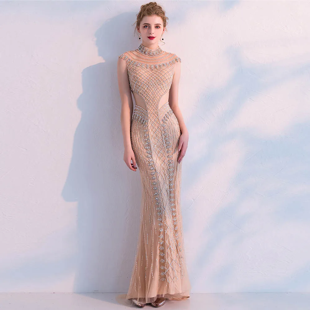 Женское длинное вечернее платье-Русалка с высоким воротником | Свадьбы и