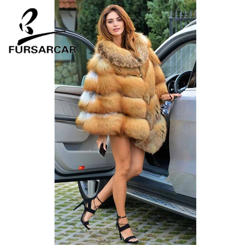 FURSARCAR 2021 New Luxury Real Gold Fox Fur Shawls Winter Thick Warm Women Coats With Fur Collar Fashion Fur Cape For  Female