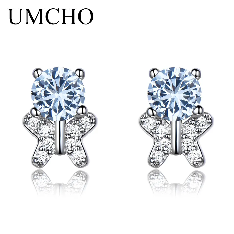 

UMCHO Solid 925 Sterling Silver Stud Earrings For Women Blue Gemstone Wedding Butterfly Korea Earrings Fine Jewelry 2018 New