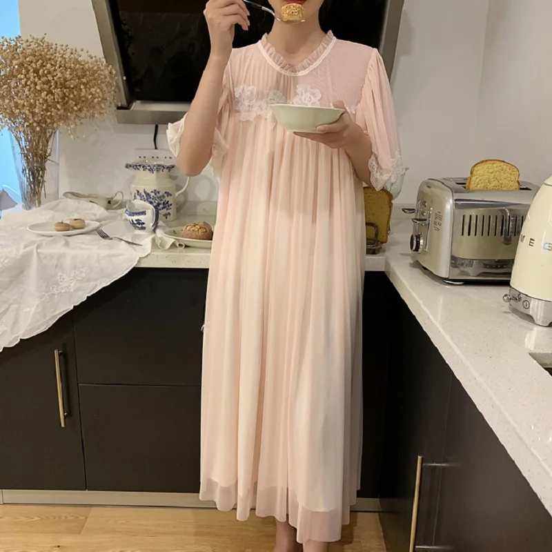 

Female Vintage Princess Night Dress Soft Gauze Modal Women's Nightgowns White Lace Gauze Long Sleepwear Elegant