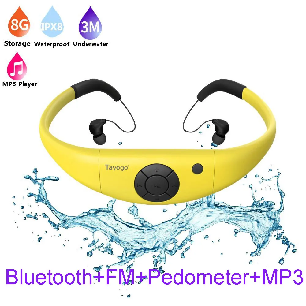 Yellow and bluetooth Tayogo Bluetooth водонепроницаемый MP3 музыкальный плеер наушники подводный HIFI Спортивный mp3 bluetooth с FM ПЕДО-метром для плавания - Цвет: Yellow and bluetooth