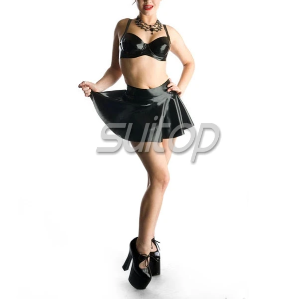 Latex black color top with Rubber mini skirt blue color sexy club A line sundrress