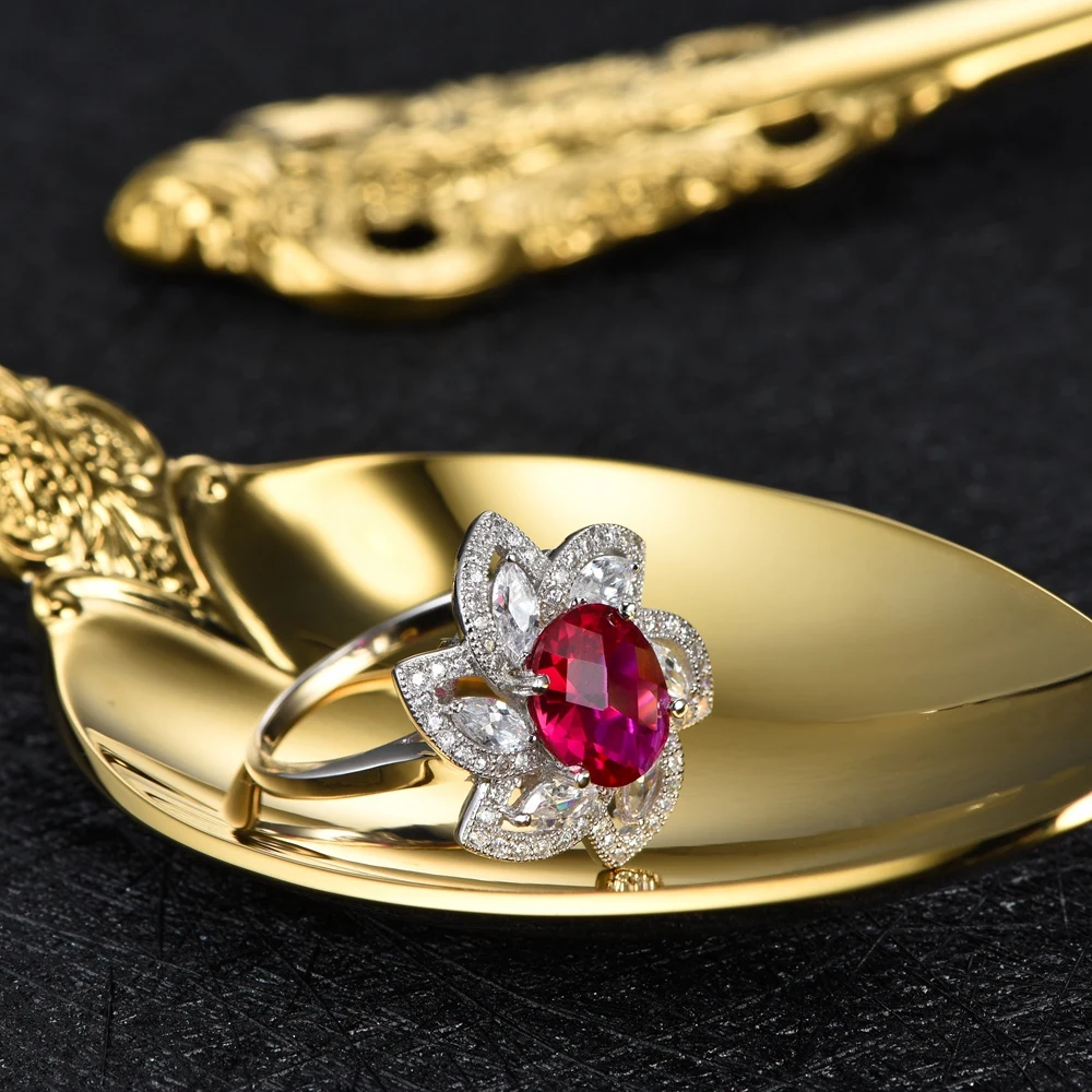 L&ampzuan 100% 925 Sterling Silver Ring 5.82ct Red Stone Checkerboard Gems Cluster Flower Rings For Women Ruby Fine Jewelry | Украшения и