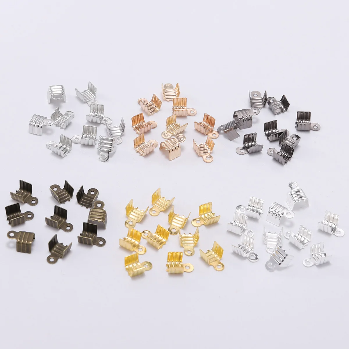 

200pcs/lot 3 4 5 8mm Gold Small Cord End Tip Fold Clasp Crimp Bead Connector For DIY Jewelry Making Finding Cord Buckle Supplies