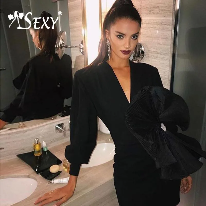 Женское платье футляр Gosexy черное с длинными рукавами фонариками и v образным
