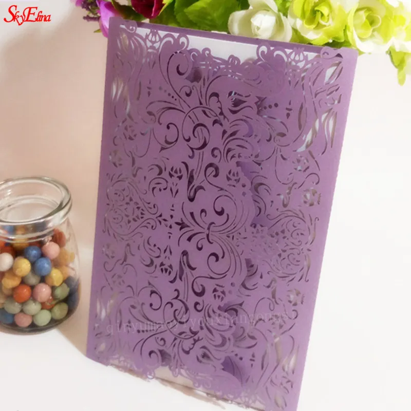 Light Purple 1/10/30 шт. роскошной флорой и лазерная резка, для свадьбы Приглашения карты элегантные свадебные конверты события вечерние Тип печати кружева предложить 6Z - Цвет: Light Purple