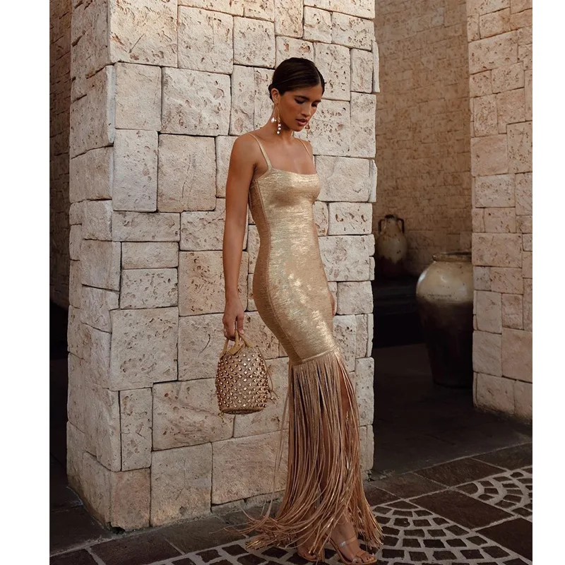 Женское вечернее платье на бретельках сексуальное с бахромой модное высокой
