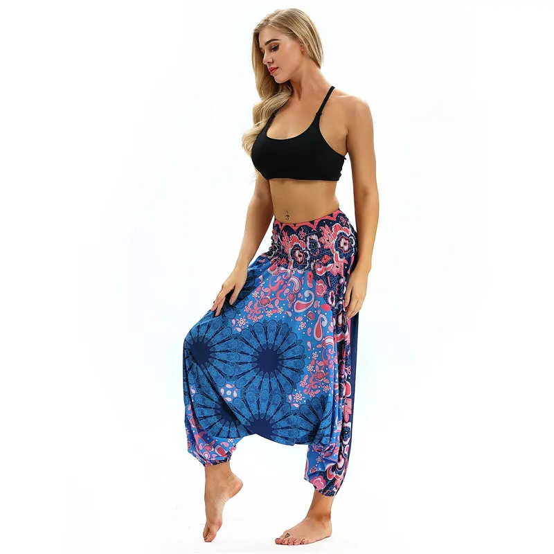 Для женщин Boho дамские шаровары свободные негабаритных смешанный хлопок уличная хип хоп леггинсы для танцев этническим принтом хиппи брюки