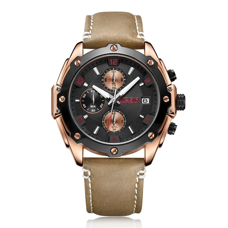 Gold black MEGIR хронограф мужские часы Relogio Masculino Синие Кожаные Бизнес Кварцевые часы мужские спортивные армейские военные наручные часы - Цвет: Gold black