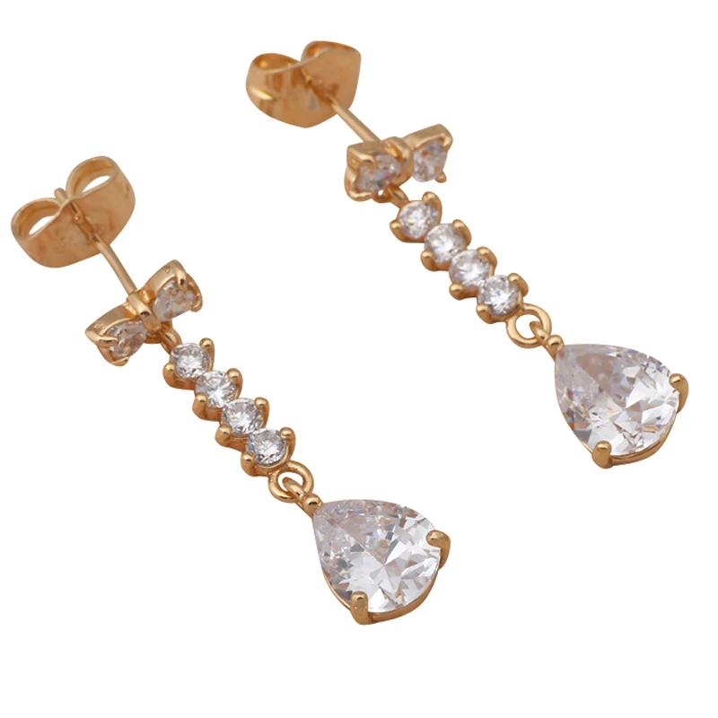 Серьги золотого оттенка в форме капли воды с белыми кристаллами брендовые модные
