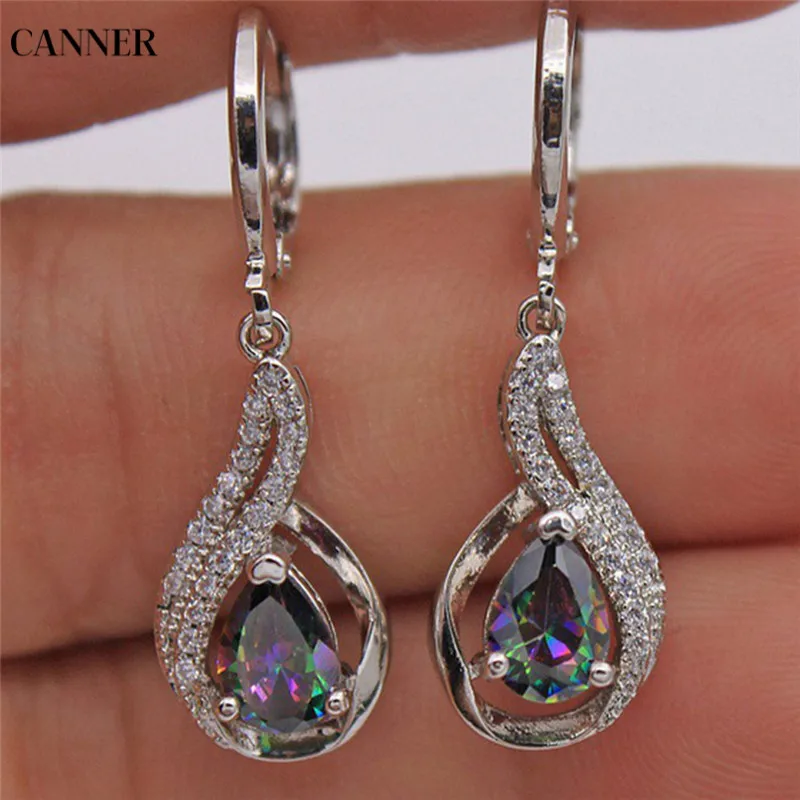 Женские серьги подвески с радужным камнем Canner серебряные австрийскими
