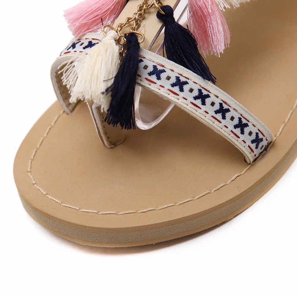 2018 женские сандалии гладиаторы в богемном стиле с разноцветными помпонами на