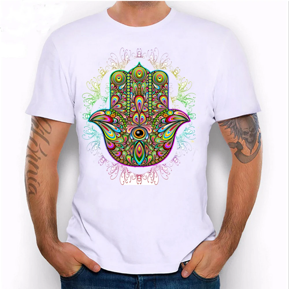 Хамса рука красочный дизайн мужская футболка ручной амулет Psychedelic печать высокое