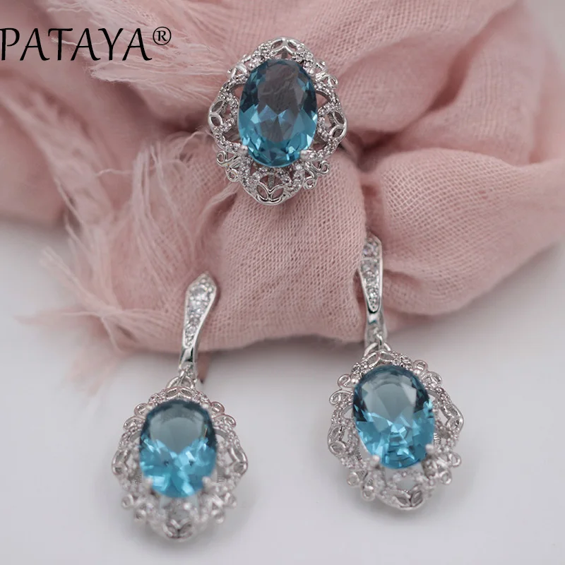 blue PATAYA, романтические радужные Ювелирные наборы, Настоящее Белое золото, Зеленый Природный Цирконий, кольцо, большие серьги, Женские аксессуары, бижутерия - Окраска металла: blue