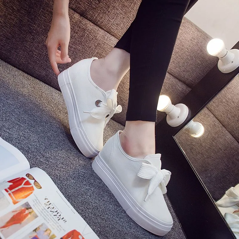 Canvas Platform Sneakers 2022 Fashion Wedge Heel Woman Lace Up Casual Shoes White Womens Vulcanized | Обувь