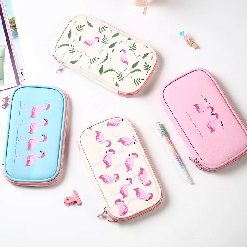 Милый пенал для школы из искусственной кожи с большой емкостью Фламинго Kawaii
