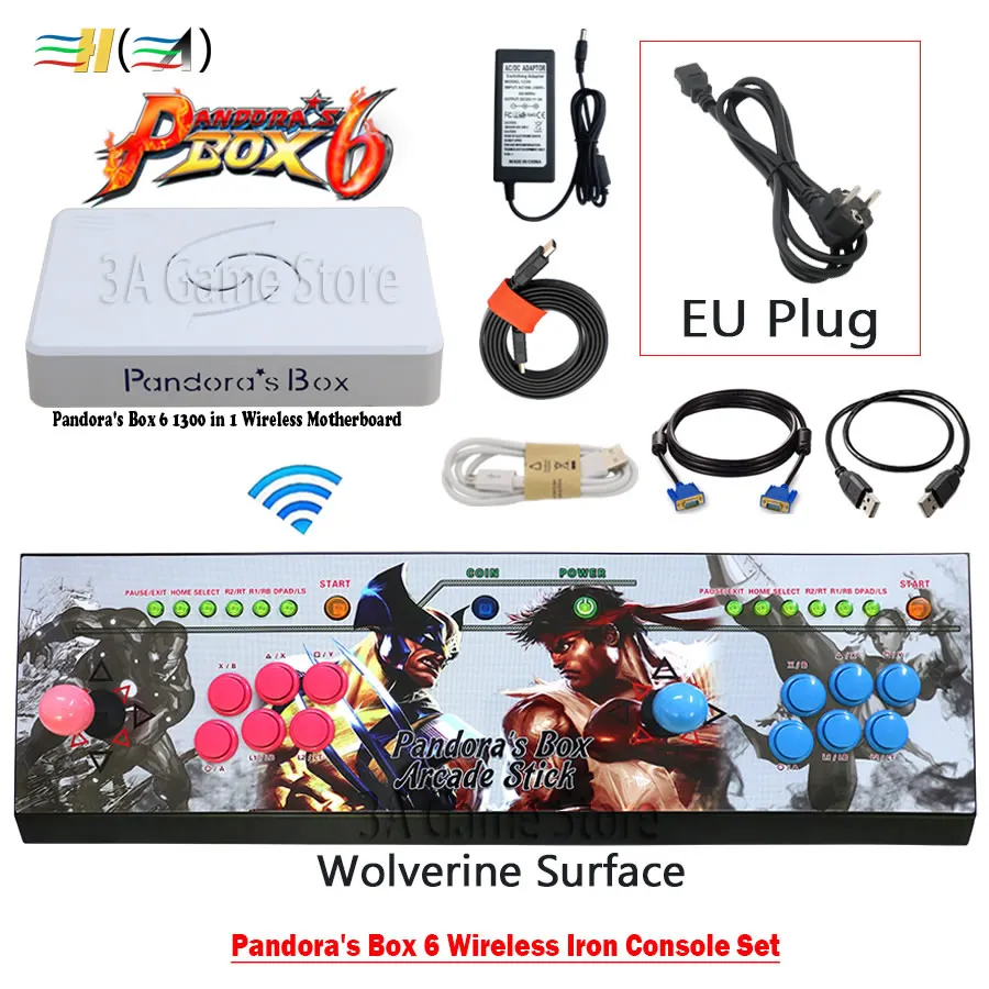 wireless JGL EU plug Pandora Box 6 1300 в 1 комплект беспроводной железной консоли 2 игрока джойстик кнопки контроллер может добавить 3000 игр fba mame ps1 3d игры - Цвет: wireless JGL EU plug
