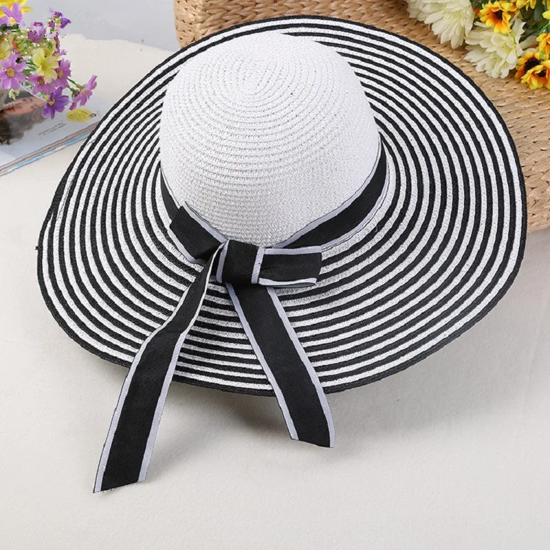 Шляпа женская Соломенная Складная с широкими полосками модная пляжная Панама от
