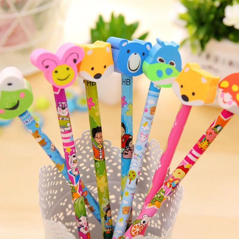 5 шт. не легко сломать деревянный карандаш с мультяшным колпачок ластиком