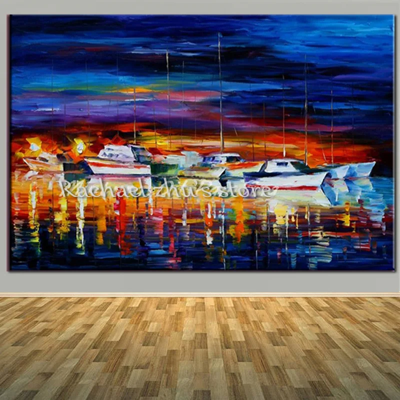 Ручная роспись Абстрактная морская пейзаж Лодка Картина маслом на холсте