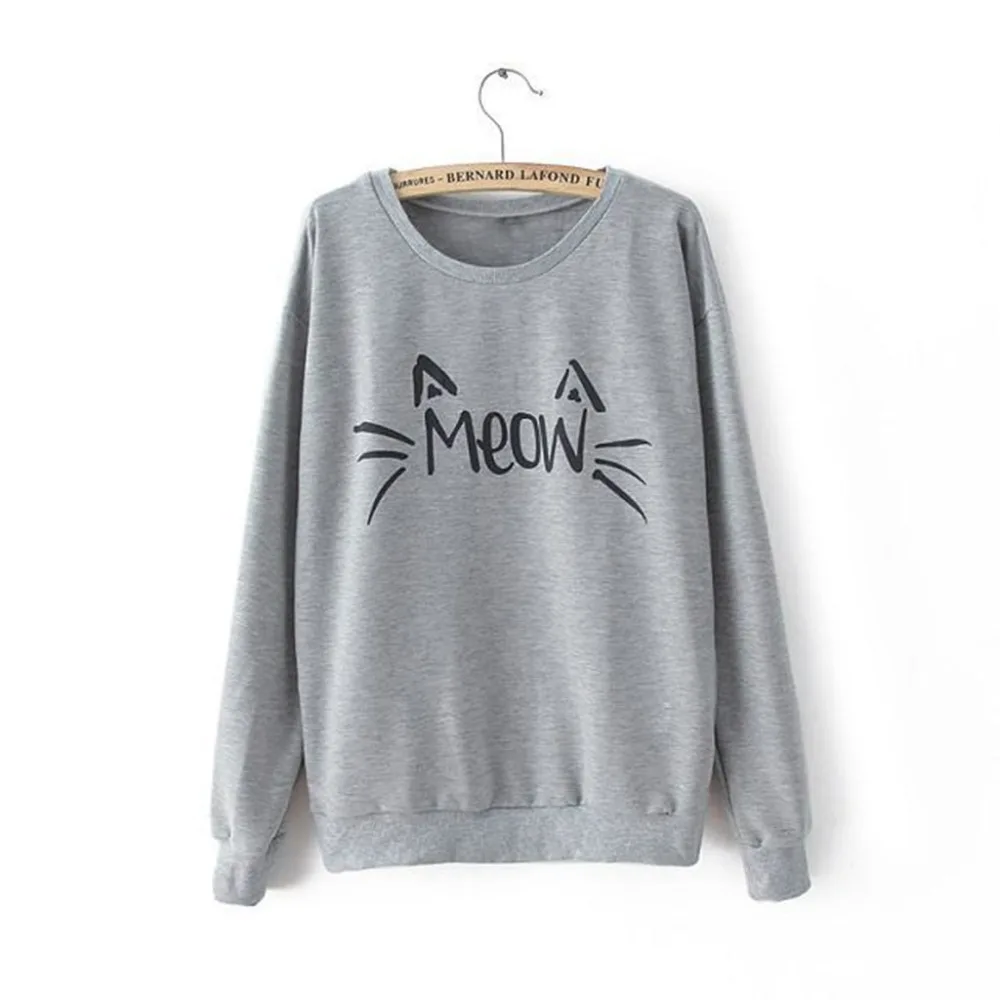 Autumn Charm Women Long Sleeve Sweatshirt MEOW Print Tops Jacket Coat Cozy Sweatshirt 2018 New THINKTHENDO