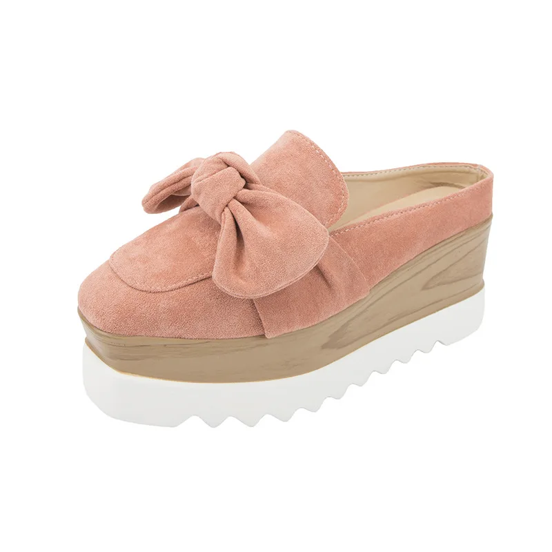 Розовый Корейский Slingback мюли для женщин завязанный бант клинья туфли без каблуков шлёпанцы для женщин квадратный носок мокасины на танкетке Платформа bullock обувь pantufla2019 - Цвет: Розовый