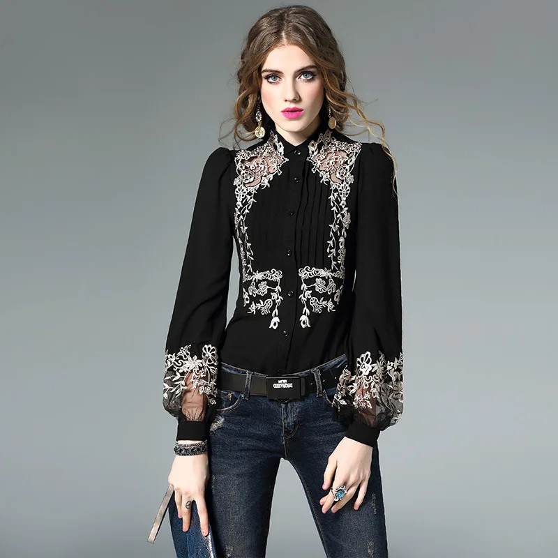 2017 высокое качество новая ретро Цветочная вышитая шелковая блузка хит цвета