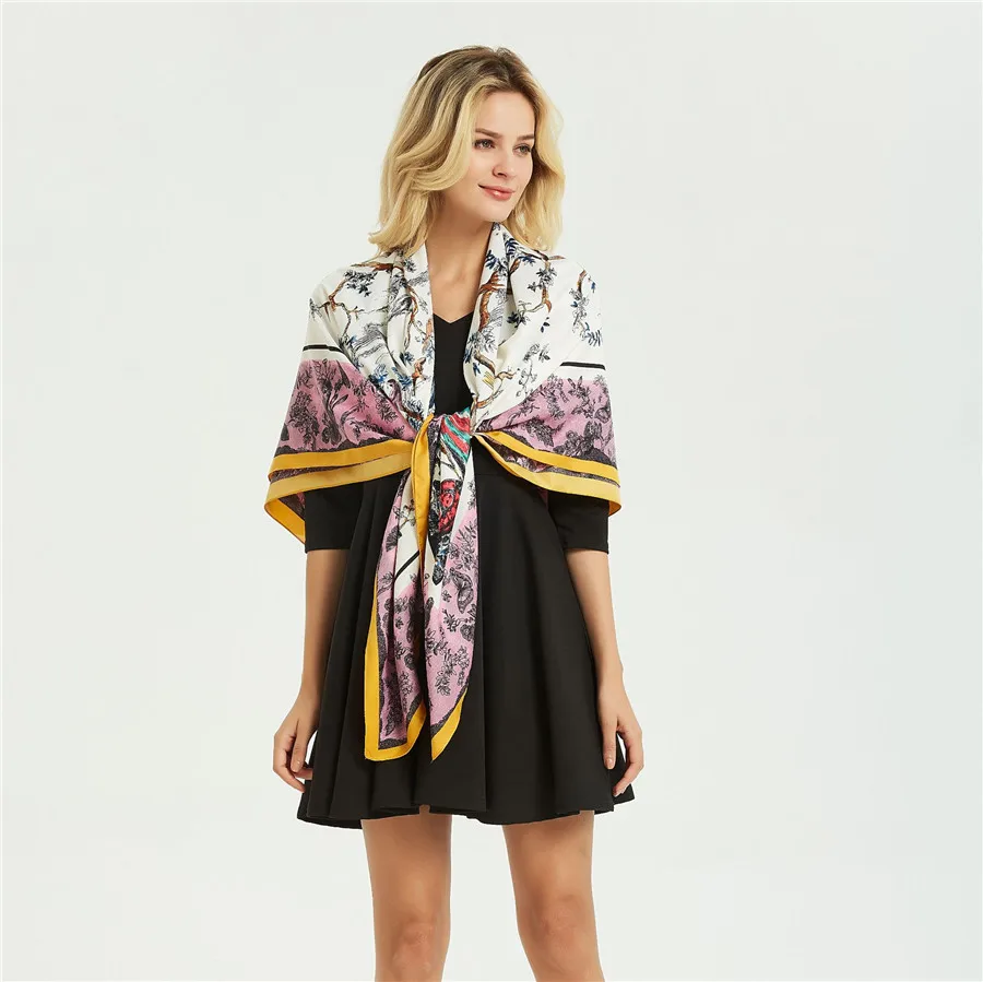 Summer Silk Twill Pashmina New Animal Forest Square Echarpe 130cm Oversize Chic Shawl Elegant Scarves Female Kerchief Print Wrap |