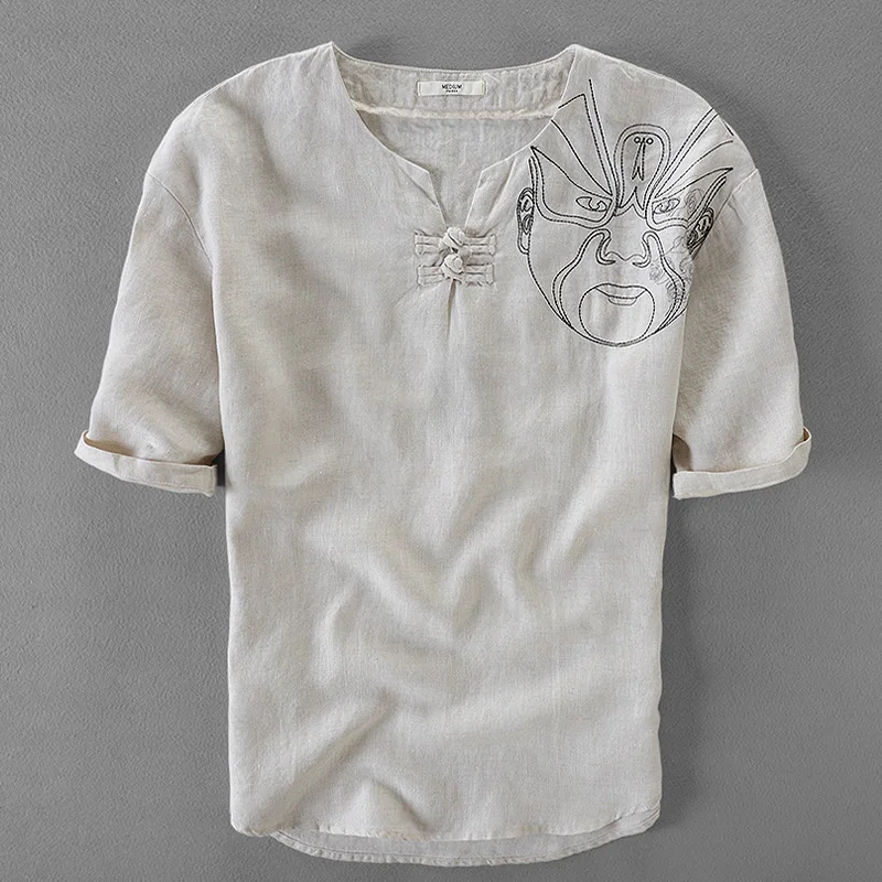 Рубашка Мужская льняная с вышивкой однотонная белая рубашка коротким рукавом