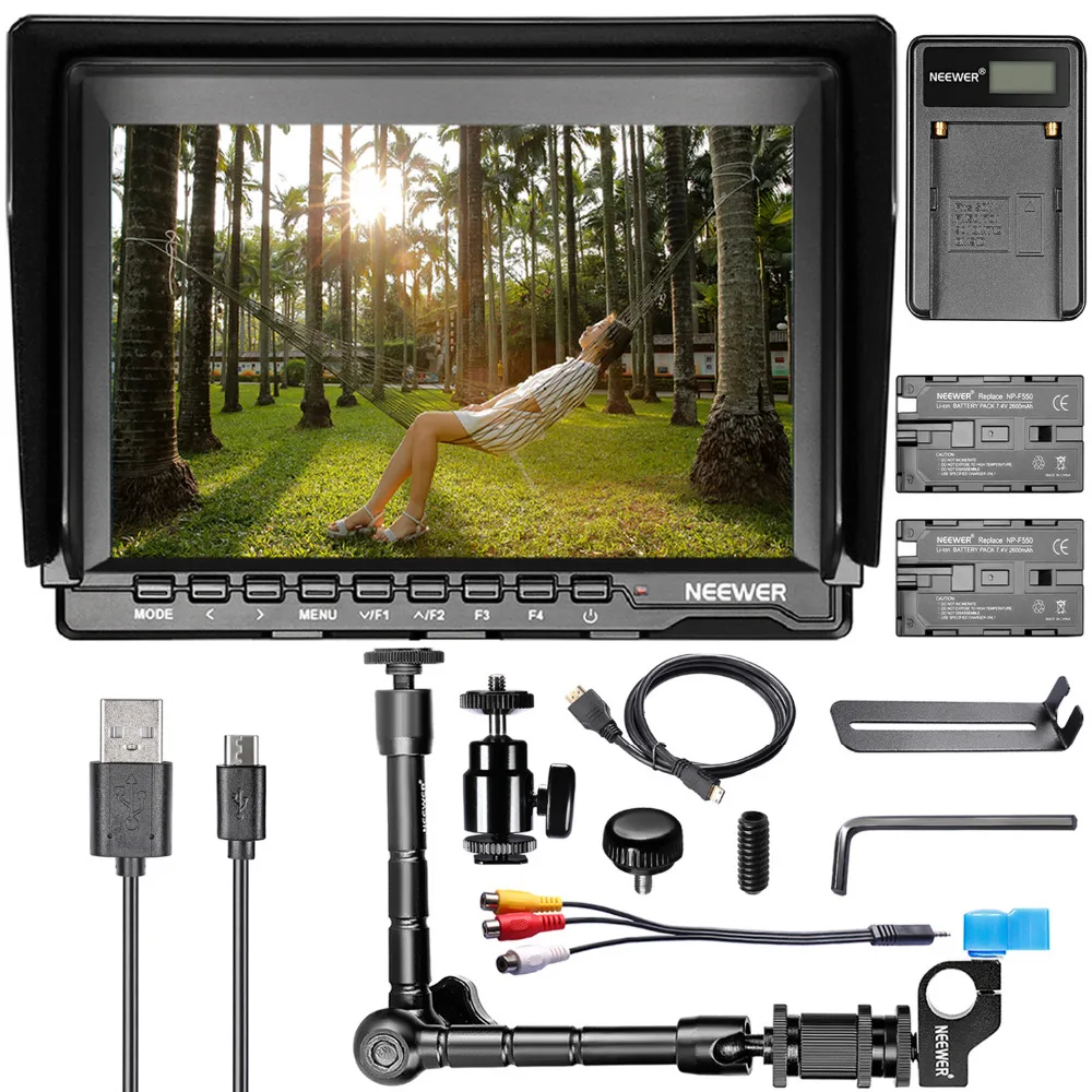 

Neewer NW759 HD Camera Monitor Kit F550 Replacement Batterys for Sony Canon Nikon Camera Field Monitor USB Charger Magic Arm
